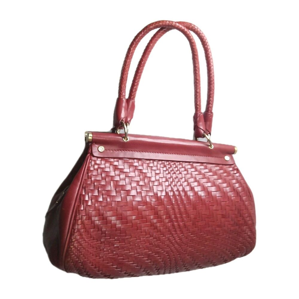 Cole Haan Woven Leather Handbag Maroon Red Satchel - Picture 5 of 12